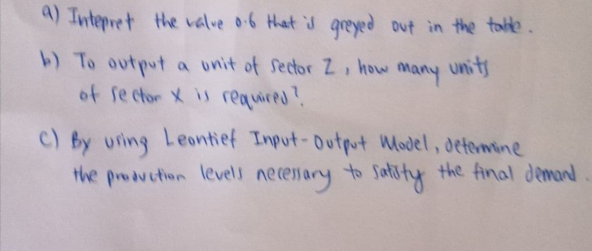 4) Intepret the valve o.6 that id qreyed out in the takke.
) To output a unit of sector Z, how
of se ctor X required
many
units
C) By uring Leontief Input-Dutpt Model, detemine
the production levels neceary to Satiity the final demand
