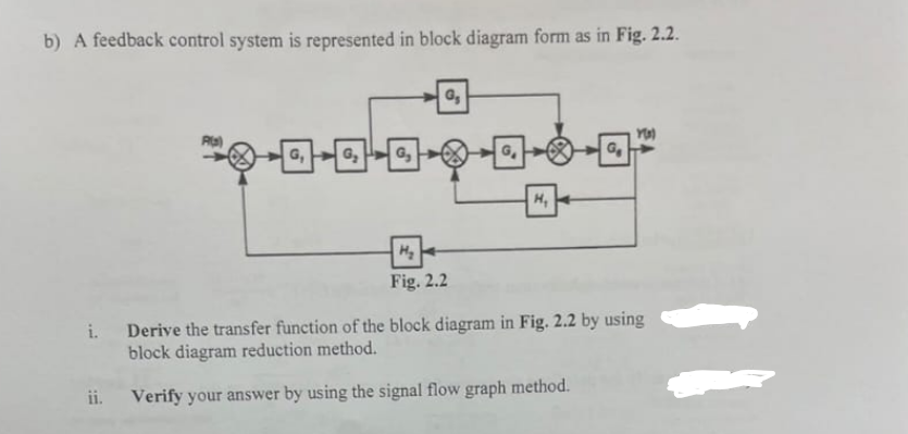 b) A feedback control system is represented in block diagram form as in Fig. 2.2.
回回回
G₁
G₁
H₁
H₂
Fig. 2.2
i. Derive the transfer function of the block diagram in Fig. 2.2 by using
block diagram reduction method.
ii.
Verify your answer by using the signal flow graph method.
ท