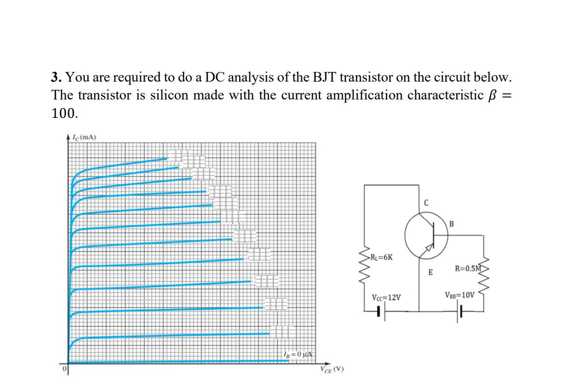 3. You are required to do a DC analysis of the BJT transistor on the circuit below.
The transistor is silicon made with the current amplification characteristic B =
100.
Iec(mA)
B
>Rz=6K
R=0.5M
E
Vcc=12V
VBB=10V
VCE (V)
