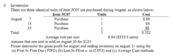 4. Inventories
There are three identical units of item JC07 are purchased during August, as shown below:
Cost
$ 80
Item JC07
Units
August
13
7
Purchase
1
Purchase
1
84
25
Purchase
1
3
$ 84 ($252/3 units)
88
Total
$ 252
Average cost per unit
Assume that one unit is sold on august 30 for $125
Please determine the gross profit for august and ending inventory on august 31 uşing the
(a) First In First Out ( FIFO) (b) Last In Ffirst o ut (LIFO) and (c) Average Cost methods
