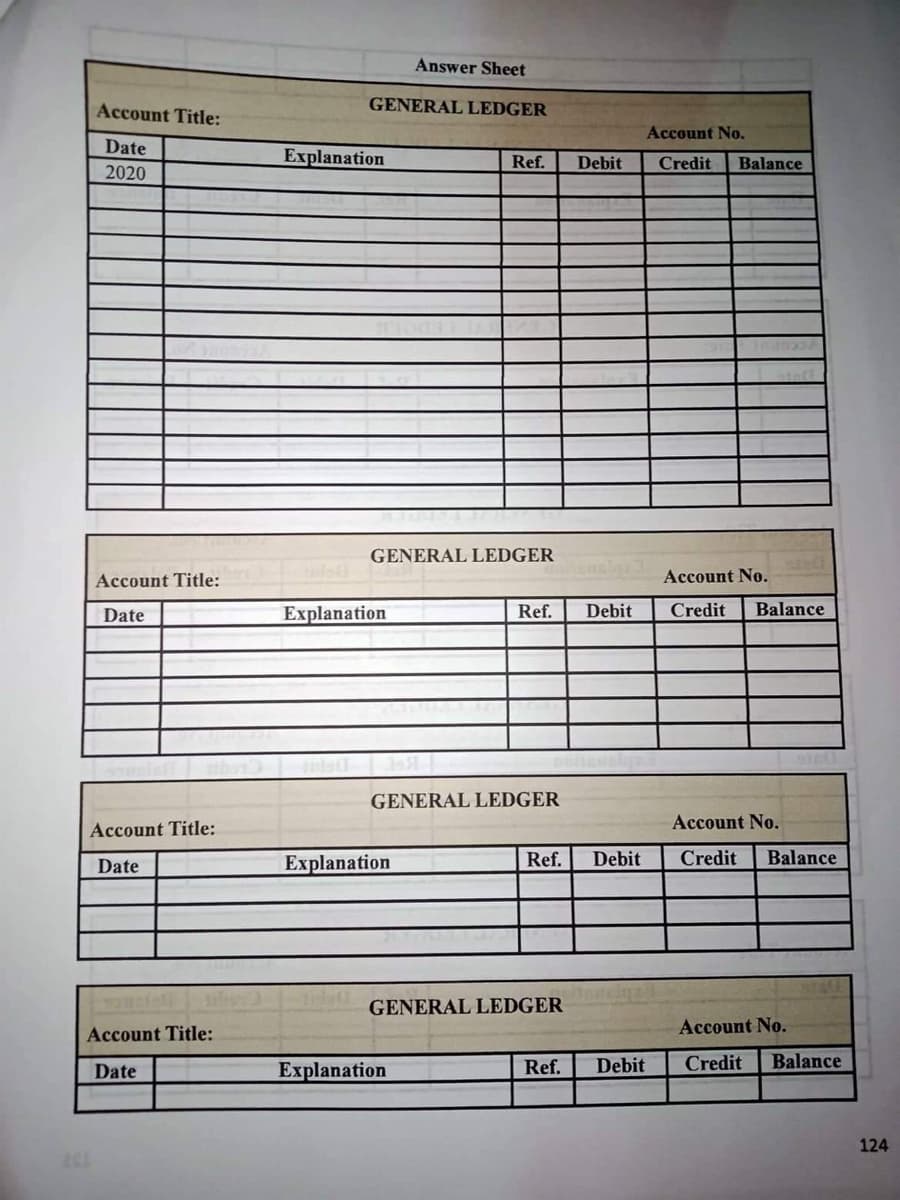 Account Title:
Date
2020
Account Title:
Date
Account Title:
Date
Account Title:
Date
Answer Sheet
GENERAL LEDGER
Ref.
GENERAL LEDGER
Ref.
GENERAL LEDGER
Ref.
GENERAL LEDGER
Ref.
Explanation
Explanation
Explanation
Explanation
Account No.
Credit Balance
Account No.
Credit Balance
Account No.
Debit Credit Balance
Account No.
Credit Balance
Debit
Debit
Debit
124