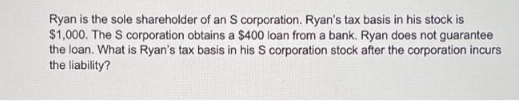Ryan is the sole shareholder of an S corporation. Ryan's tax basis in his stock is
$1,000. The S corporation obtains a $400 loan from a bank. Ryan does not guarantee
the loan. What is Ryan's tax basis in his S corporation stock after the corporation incurs
the liability?