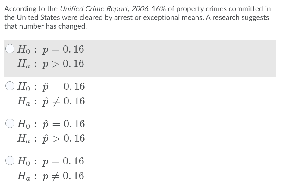 According to the Unified Crime Report, 2006, 16% of property crimes committed in
the United States were cleared by arrest or exceptional means. A research suggests
that number has changed.
Но : р — 0. 16
На : р> 0.16
Но : р— 0.16
Ha : p 7 0. 16
Но : р — 0. 16
На : р> 0.16
Но : р — 0. 16
Ha : p# 0. 16
