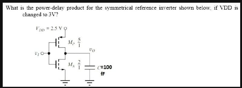 What is the power-delay product for the symmetrical reference inverter shown below, if VDD is
changed to 3V?
VDD = 2.5 V Q
V₁0-
¾
Vo
(=100
fF