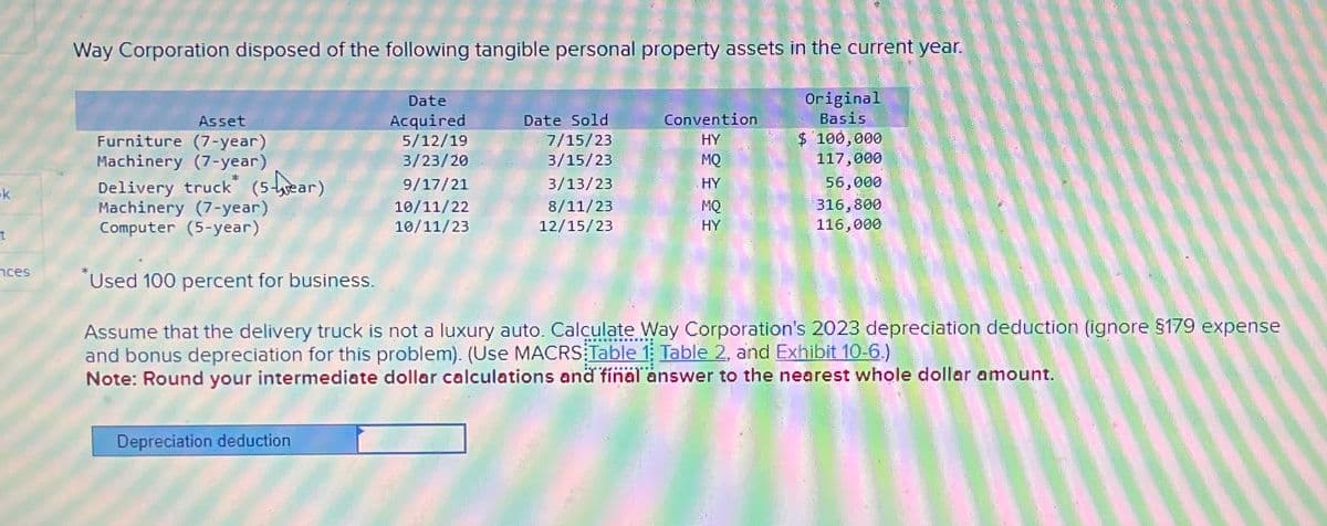 k
1
nces
Way Corporation disposed of the following tangible personal property assets in the current year.
Date
Acquired
5/12/19
Original
Basis
3/23/20
$ 100,000
117,000
56,000
9/17/21
10/11/22
316,800
10/11/23
116,000
Asset
Furniture (7-year)
Machinery (7-year)
Delivery truck* (5-ear)
Machinery (7-year)
Computer (5-year)
Date Sold
7/15/23
3/15/23
3/13/23
8/11/23
12/15/23
Depreciation deduction
Convention
HY
MQ
HY
MQ
HY
Used 100 percent for business.
Assume that the delivery truck is not a luxury auto. Calculate Way Corporation's 2023 depreciation deduction (ignore $179 expense
and bonus depreciation for this problem). (Use MACRS Table 1 Table 2, and Exhibit 10-6.)
*****
Note: Round your intermediate dollar calculations and final answer to the nearest whole dollar amount.