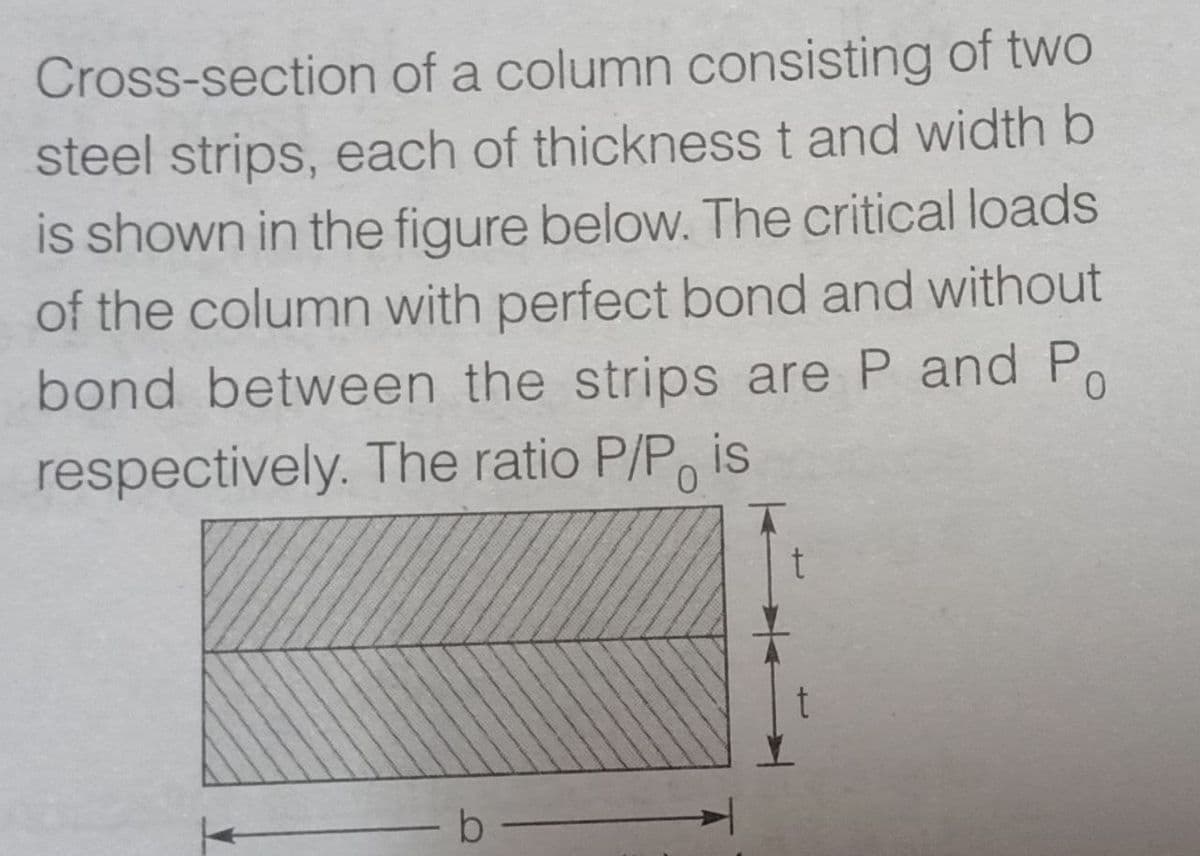 Cross-section of a column consisting of two
steel strips, each of thickness t and width b
is shown in the figure below. The critical loads
of the column with perfect bond and without
bond between the strips are P and Po
respectively. The ratio P/P is
b
t