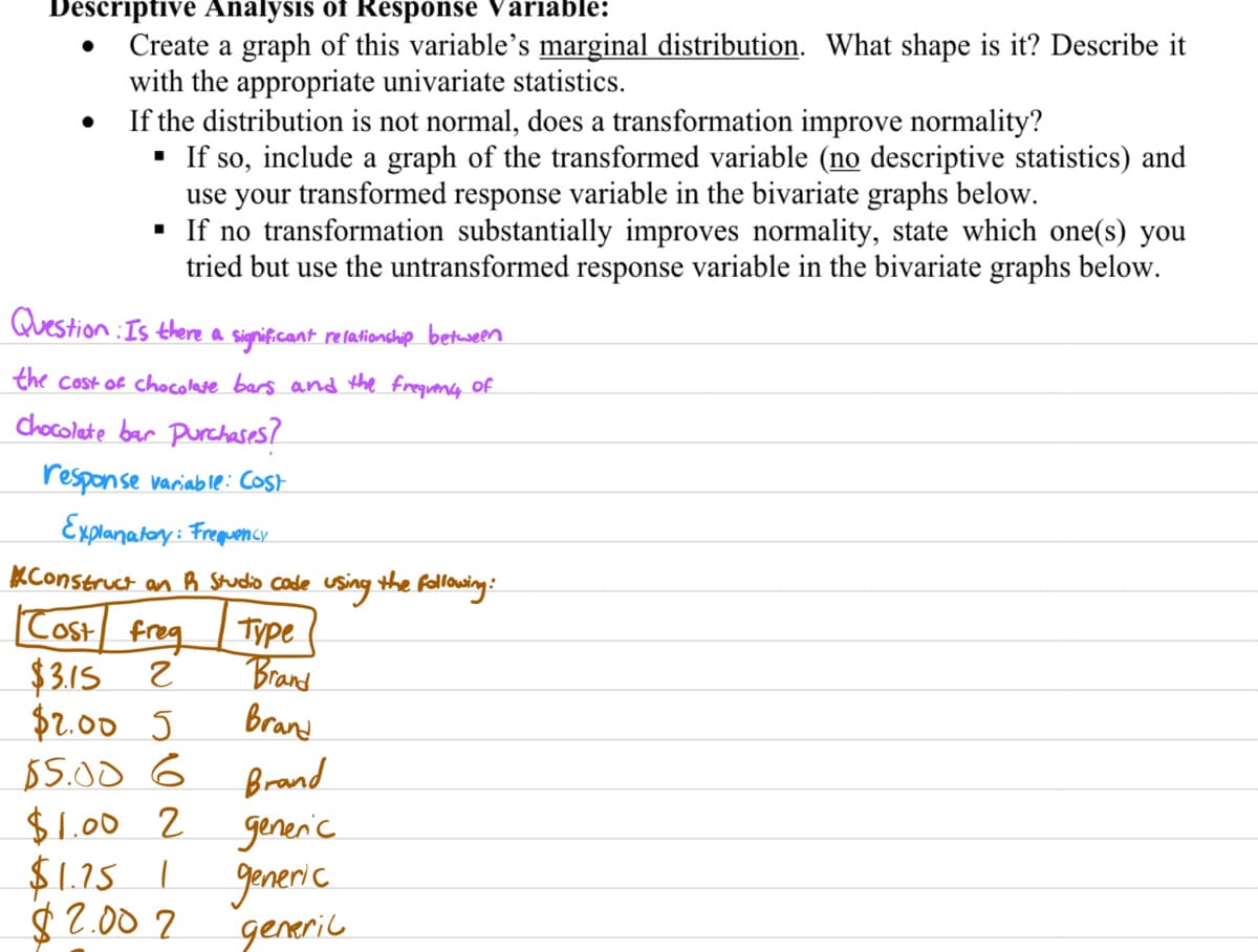 Descriptive Analysis of Response Variable:
Create a graph of this variable's marginal distribution. What shape is it? Describe it
with the appropriate univariate statistics.
If the distribution is not normal, does a transformation improve normality?
▪ If so, include a graph of the transformed variable (no descriptive statistics) and
use your transformed response variable in the bivariate graphs below.
●
▪
If no transformation substantially improves normality, state which one(s) you
tried but use the untransformed response variable in the bivariate graphs below.
Question: Is there a significant relationship between
the cost of chocolate bars and the frequency of
Chocolate bar Purchases?
response variable: Cost
Explanatory: Frequency
*Construct an R Studio cade using the following:
Cost freq
$3.15 2
$2.00 5
$5.00 6
$1.00 2
$1.25 1
$2.002
туре
Brand
Brand
Brand
generic
generic
generic