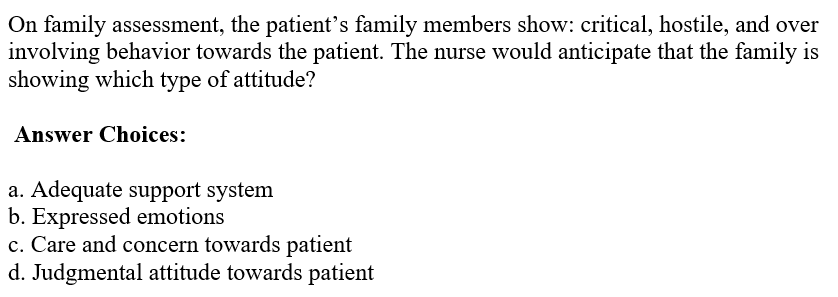 On family assessment, the patient's family members show: critical, hostile, and over
involving behavior towards the patient. The nurse would anticipate that the family is
showing which type of attitude?
Answer Choices:
a. Adequate support system
b. Expressed emotions
c. Care and concern towards patient
d. Judgmental attitude towards patient