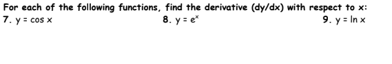 For each of the following functions, find the derivative (dy/dx) with respect to x:
7. y = cos x
9. y = ln x
8. y = ex