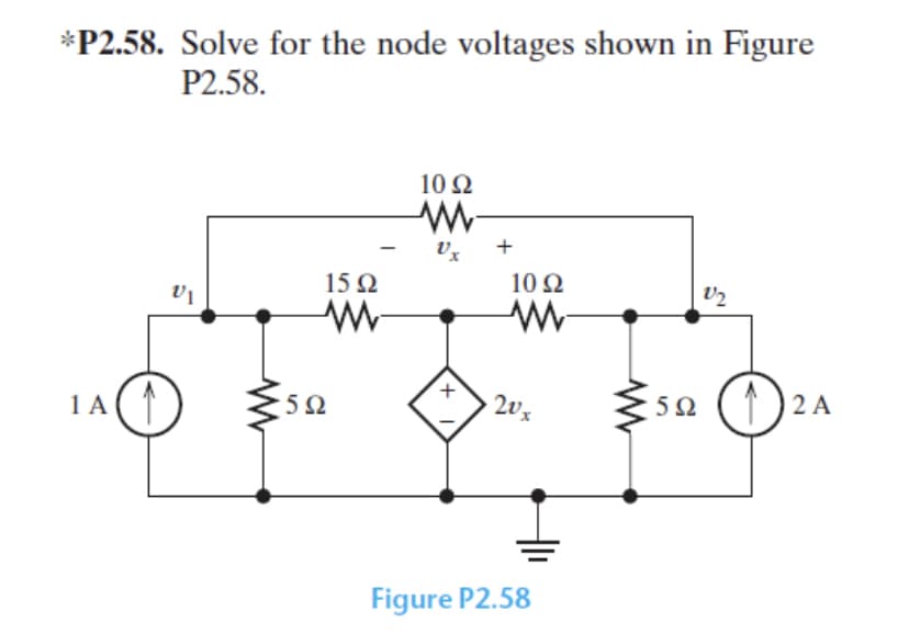 *P2.58. Solve for the node voltages shown in Figure
P2.58.
1A(1
VI
1592
www
5902
1092
M-
Vx
+
10 92
www
20x
Figure P2.58
V2
5922A