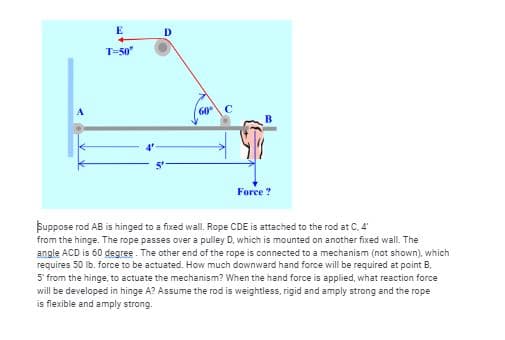 E
T-50"
60 C
Force ?
Suppose rod AB is hinged to a fixed wall. Rope CDE is attached to the rod at C, 4
from the hinge. The rope passes over a pulley D. which is mounted on another fixed wall. The
angle ACD is 60 degree. The other end of the rope is connected to a mechanism (not shown), which
requires 50 lb. force to be actuated. How much downward hand force will be required at point B.
5' from the hinge, to actuate the mechanism? When the hand force is applied, what reaction force
will be developed in hinge A? Assume the rod is weightless, rigid and amply strong and the rope
is flexible and amply strong.
