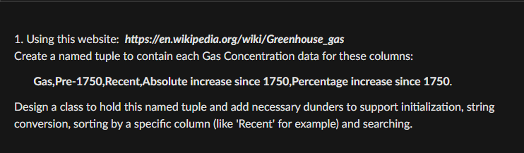 1. Using this website:
https://en.wikipedia.org/wiki/Greenhouse_gas
Create a named tuple to contain each Gas Concentration data for these columns:
Gas, Pre-1750,Recent, Absolute increase since 1750,Percentage increase since 1750.
Design a class to hold this named tuple and add necessary dunders to support initialization, string
conversion, sorting by a specific column (like 'Recent' for example) and searching.