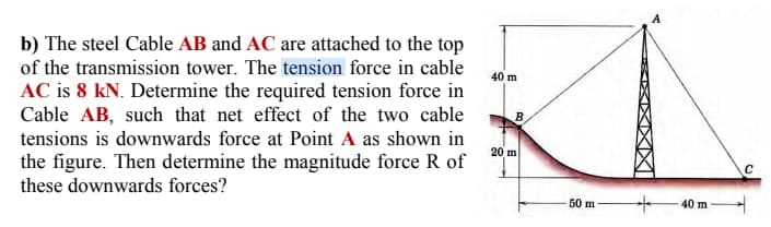 b) The steel Cable AB and AC are attached to the top
of the transmission tower. The tension force in cable
40 m
AC is 8 kN. Determine the required tension force in
Cable AB, such that net effect of the two cable
B
tensions is downwards force at Point A as shown in
20 m
the figure. Then determine the magnitude force R of
these downwards forces?
50 m
40 m
