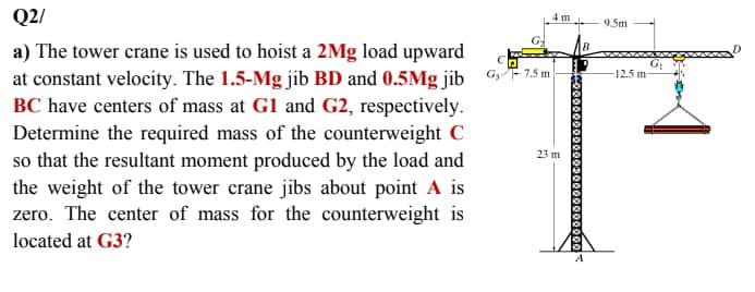 Q2/
4 m
9.5m
G.
a) The tower crane is used to hoist a 2Mg load upward
at constant velocity. The 1.5-Mg jib BD and 0.5Mg jib
BC have centers of mass at G1 and G2, respectively.
G3F 7.5 m
12.5 m-
Determine the required mass of the counterweight C
so that the resultant moment produced by the load and
the weight of the tower crane jibs about point A is
zero. The center of mass for the counterweight is
23 m
located at G3?
