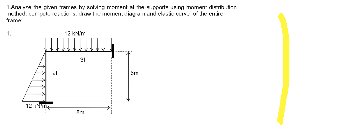 1.Analyze the given frames by solving moment at the supports using moment distribution
method, compute reactions, draw the moment diagram and elastic curve of the entire
frame:
1.
12 kN/m
31
21
6m
8m
12 kN/m