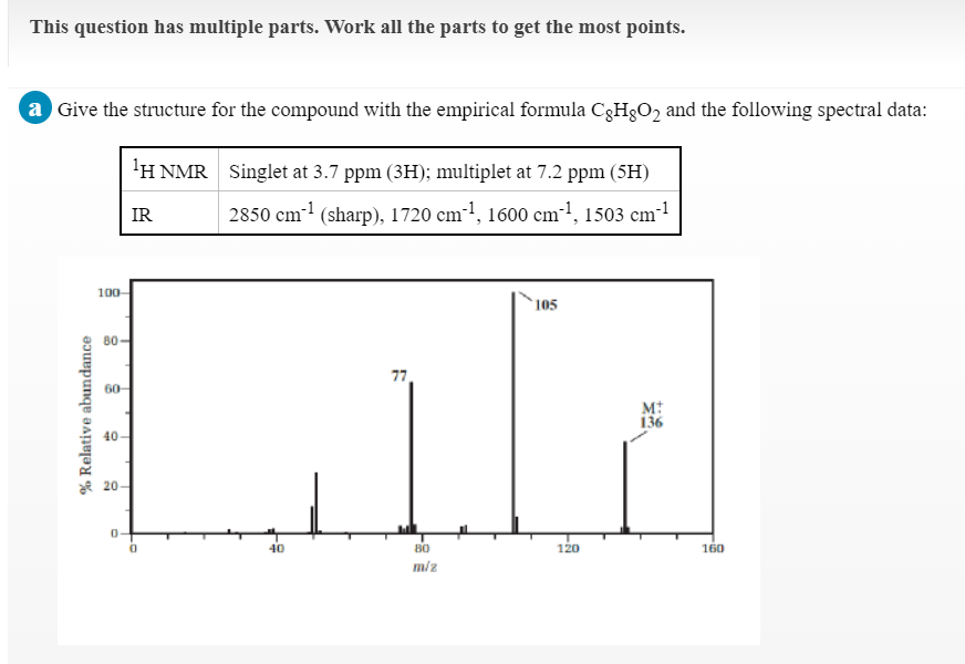 This question has multiple parts. Work all the parts to get the most points.
a Give the structure for the compound with the empirical formula C3H3O2 and the following spectral data:
1Η ΝMR
Singlet at 3.7 ppm (3H); multiplet at 7.2 ppm (5H)
IR
2850 cm1 (sharp), 1720 cm-1, 1600 cm-1, 1503 cm!
100-
105
80
77
60-
M:
136
40-
ae 20-
40
80
120
160
miz
% Relative abundance
