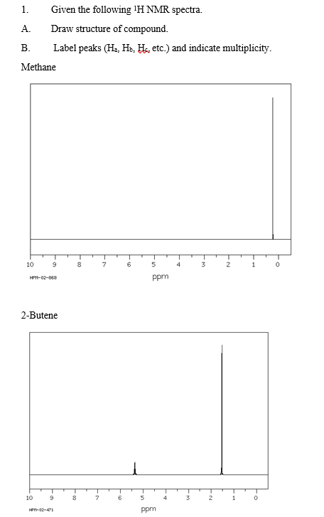 1.
Given the following 'H NMR spectra.
А.
Draw structure of compound.
В.
Label peaks (Ha, He, He, etc.) and indicate multiplicity.
Methane
10
8
4
3
2
HPH-02-068
ppm
2-Butene
10
9.
7.
5
4
3.
2
HP-02-1
ppm
