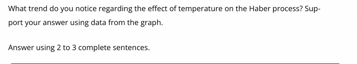 What trend do you notice regarding the effect of temperature on the Haber process? Sup-
port your answer using data from the graph.
Answer using 2 to 3 complete sentences.