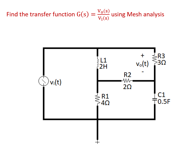 Find the transfer function G(s) =
vi(t)
Vo(s)
Vi (s)
L1
2H
+
R1
4Ω
using Mesh analysis
R2
202
+
M²
-R3
Vo(t) $30
C1
T0.5F