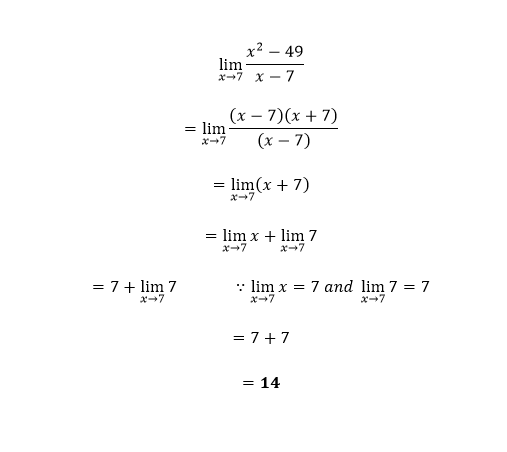 = 7+ lim 7
x→7
x² - 49
lim
x=7 x 7
= lim
(x-7)(x + 7)
x→7 (x-7)
= lim(x + 7)
x→7
= lim x + lim 7
x-7 x→7
:: lim x
= 7+7
= 14
=
7 and lim 7 = 7
x→7