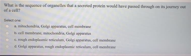 What is the sequence of organelles that a secreted protein would have passed through on its journey out
of a cell?
Select one:
a. mitochondria, Golgi apparatus, cell membrane
b. cell membrane, mitochondria, Golgi apparatus
c. rough endoplasmic reticulum, Golgi apparatus, cell membrane
d. Golgi apparatus, rough endoplasmic reticulum, cell membrane