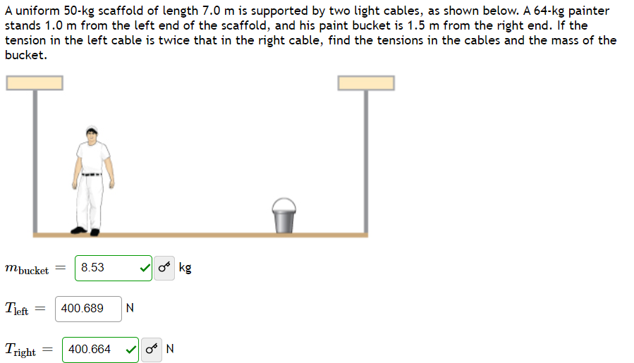 A uniform 50-kg scaffold of length 7.0 m is supported by two light cables, as shown below. A 64-kg painter
stands 1.0 m from the left end of the scaffold, and his paint bucket is 1.5 m from the right end. If the
tension in the left cable is twice that in the right cable, find the tensions in the cables and the mass of the
bucket.
vo kg
Mbucket
8.53
Tjeft =
400.689
N
Tright
400.664
