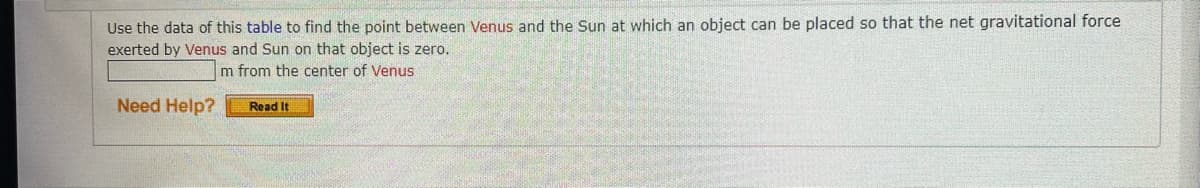 Use the data of this table to find the point between Venus and the Sun at which an object can be placed so that the net gravitational force
exerted by Venus and Sun on that object is zero.
m from the center of Venus
Need Help?
Read It