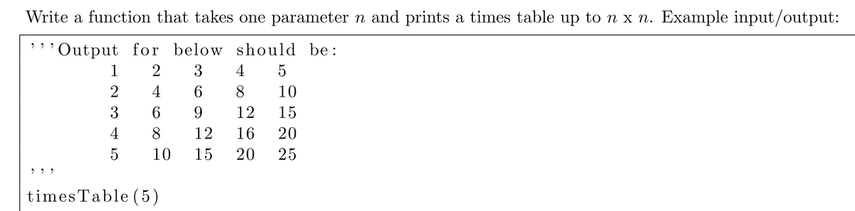 Write a function that takes one parameter n and prints a times table up to n x n. Example input/output:
Output for below should be:
1
2
4
2
4
6.
8.
10
3
6.
9.
12
15
4
8
12
16
20
10
15
20
25
timesTable (5)

