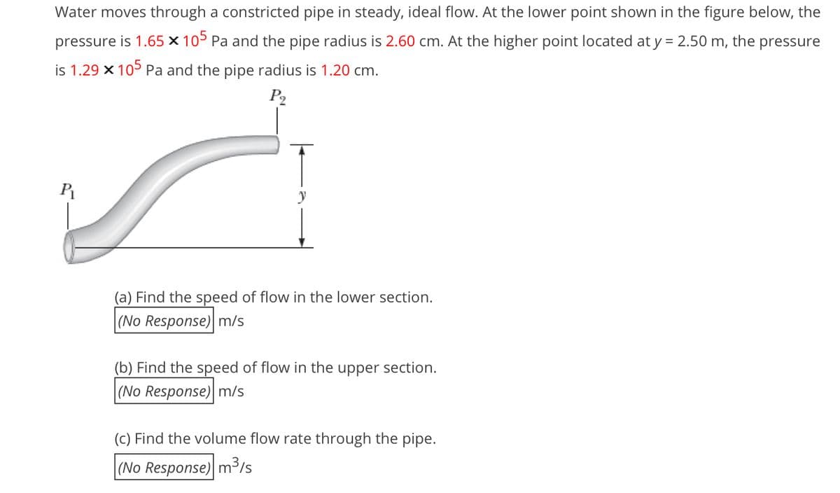 Water moves through a constricted pipe in steady, ideal flow. At the lower point shown in the figure below, the
pressure is 1.65 × 105 Pa and the pipe radius is 2.60 cm. At the higher point located at y = 2.50 m, the pressure
is 1.29 x 105 Pa and the pipe radius is 1.20 cm.
P2
P
(a) Find the speed of flow in the lower section.
|(No Response) m/s
(b) Find the speed of flow in the upper section.
|(No Response) m/s
(c) Find the volume flow rate through the pipe.
|(No Response) m³/s
