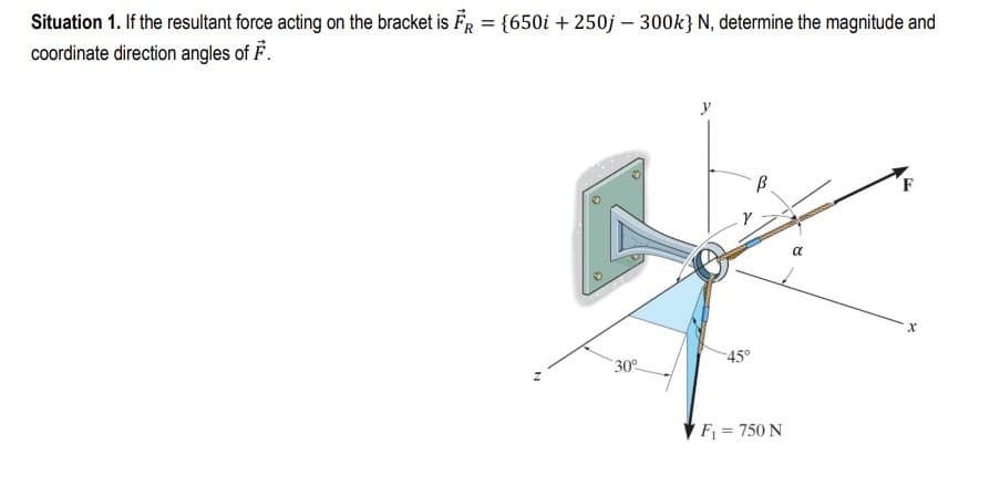 Situation 1. If the resultant force acting on the bracket is FR = {650i + 250j - 300k} N, determine the magnitude and
coordinate direction angles of F.
"
眼
30°
-45°
B
F₁ = 750 N
α
F
X