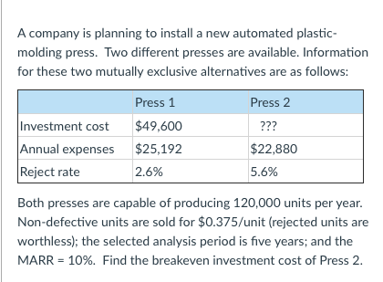A company is planning to install a new automated plastic-
molding press. Two different presses are available. Information
for these two mutually exclusive alternatives are as follows:
Press 1
Press 2
Investment cost
$49,600
???
Annual expenses
$25,192
$22,880
Reject rate
2.6%
5.6%
Both presses are capable of producing 120,000 units per year.
Non-defective units are sold for $0.375/unit (rejected units are
worthless); the selected analysis period is five years; and the
MARR = 10%. Find the breakeven investment cost of Press 2.
