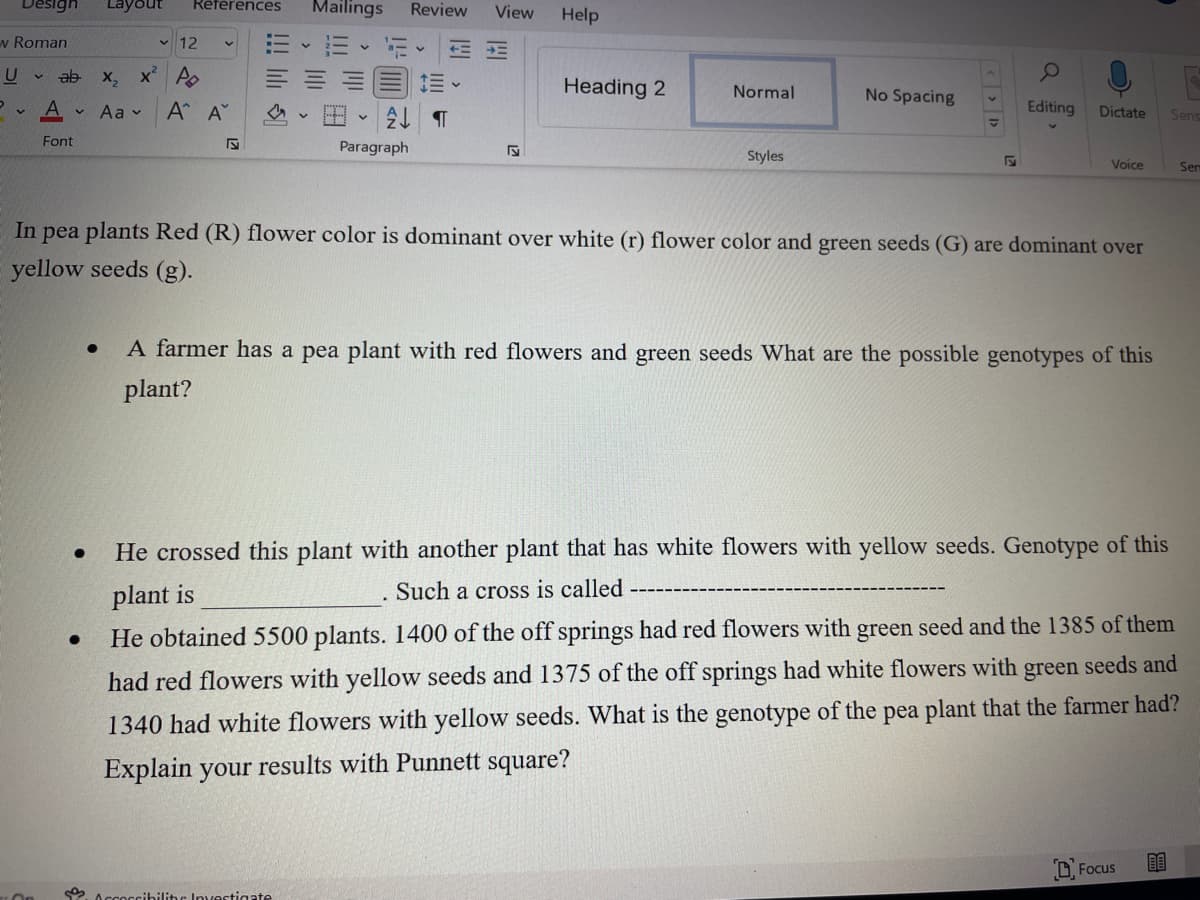w Roman
U
PA
ab
Font
●
●
Layout References
12
X₂ X² A
Aa
●
Α Α΄
S
Mailings Review View Help
V
E
2¶
Paragraph
Accessibility Investigate
Heading 2
Normal
Styles
No Spacing
S
In pea plants Red (R) flower color is dominant over white (r) flower color and green seeds (G) are dominant over
yellow seeds (g).
O
Editing Dictate
Voice
A farmer has a pea plant with red flowers and green seeds What are the possible genotypes of this
plant?
He crossed this plant with another plant that has white flowers with yellow seeds. Genotype of this
plant is
Such a cross is called
He obtained 5500 plants. 1400 of the off springs had red flowers with green seed and the 1385 of them
had red flowers with yellow seeds and 1375 of the off springs had white flowers with green seeds and
1340 had white flowers with yellow seeds. What is the genotype of the pea plant that the farmer had?
Explain your results with Punnett square?
Focus
Sens
BE
Sem