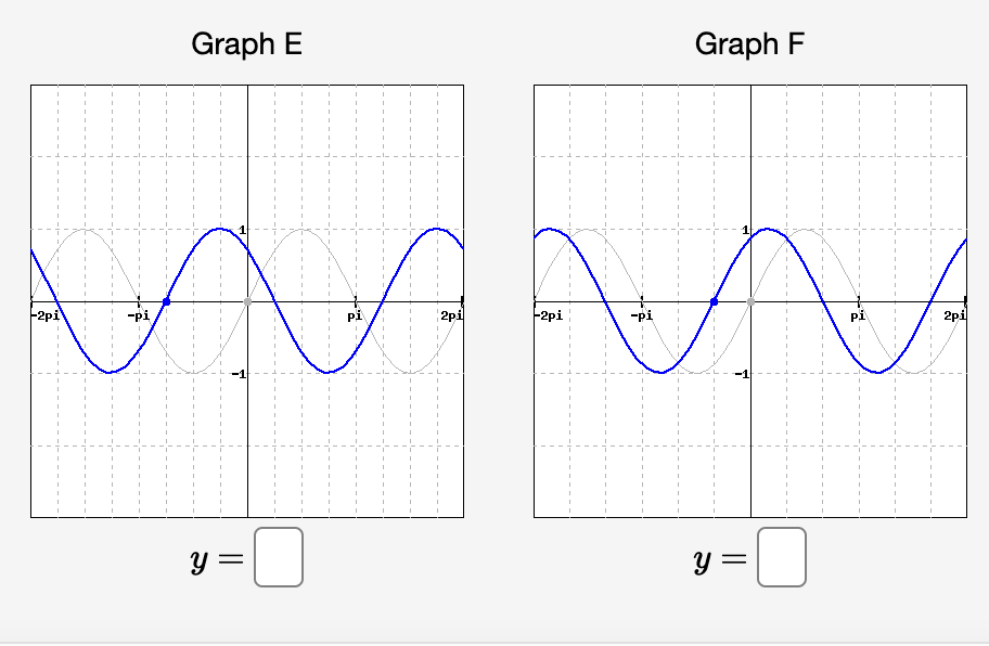 Graph E
Graph F
F2pi
-pi
pi
2pi
F2pi
"pi
Pi
2pi
y =
y =
