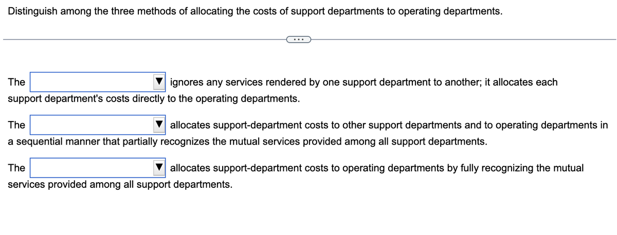 Distinguish among the three methods of allocating the costs of support departments to operating departments.
The
ignores any services rendered by one support department to another; it allocates each
support department's costs directly to the operating departments.
The
a sequential manner that partially recognizes the mutual services provided among all support departments.
allocates support-department costs to other support departments and to operating departments in
The
allocates support-department costs to operating departments by fully recognizing the mutual
services provided among all support departments.
