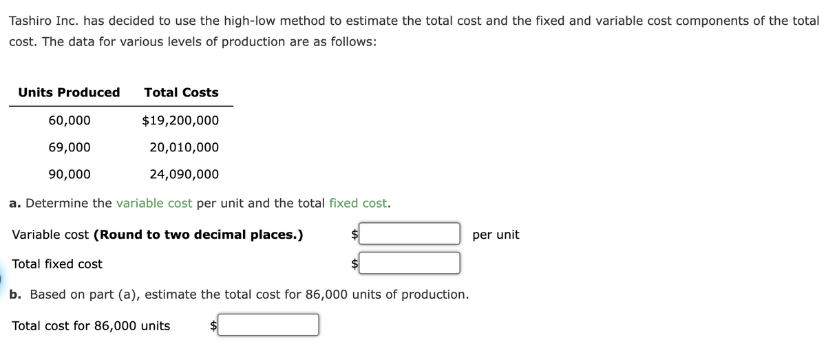 Tashiro Inc. has decided to use the high-low method to estimate the total cost and the fixed and variable cost components of the total
cost. The data for various levels of production are as follows:
Units Produced
Total Costs
60,000
$19,200,000
69,000
20,010,000
90,000
24,090,000
a. Determine the variable cost per unit and the total fixed cost.
Variable cost (Round to two decimal places.)
per unit
Total fixed cost
b. Based on part (a), estimate the total cost for 86,000 units of production.
Total cost for 86,000 units
