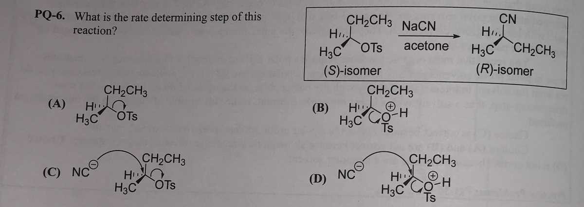 PQ-6. What is the rate determining step of this
CH2CH3 NACN
CN
H
H3C CH2CH3
(R)-isomer
reaction?
H3C
COTS
acetone
(S)-isomer
CH2CH3
CH2CH3
H
(В)
Go-H
H3C
(A)
H
H3C
OTs
CH2CH3
H
H3C
CH2CH3
H
H3C
(C) NC
NC
COTS
(D)
Ts
