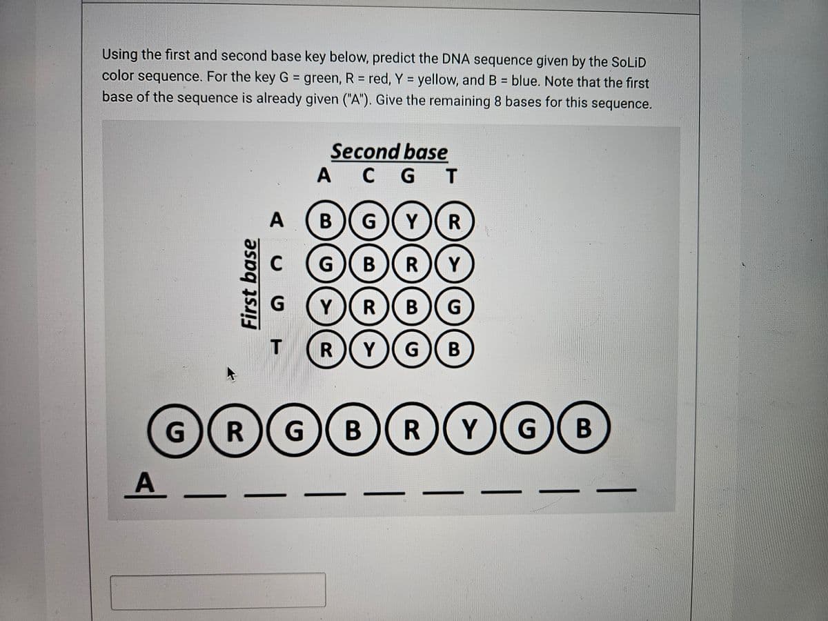Using the first and second base key below, predict the DNA sequence given by the SOLID
color sequence. For the key G = green, R = red, Y = yellow, and B = blue. Note that the first
base of the sequence is already given ("A"). Give the remaining 8 bases for this sequence.
A
First base
A
CCT
Second base
A CGT
BGY R
GBRY
RBG
R Y (G) B
Y
G)(R) GB )( R )( Y ) ( G) B