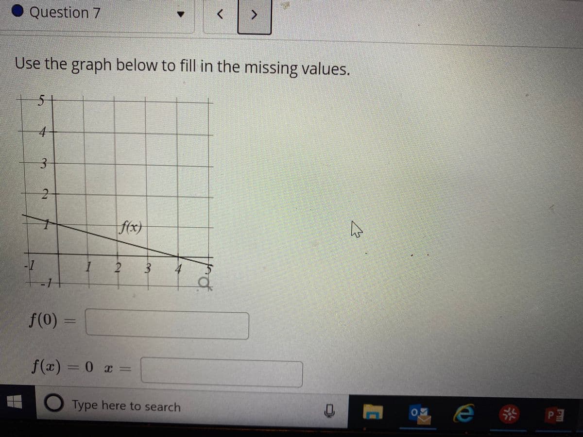 ● Question 7
Use the graph below to fill in the missing values.
51
f(x)
-1
f(0) =
f(x) = 0 x =
Type here to search
