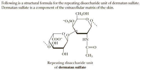 Following is a structural formula for the repeating disaccharide unit of dermatan sulfate.
Dermatan sulfate is a component of the extracellular matrix of the skin.
CH,OH
os o-
COO-
OH
C=0
ÓH
ČH3
Repeating disaccharide unit
of dermatan sulfate
