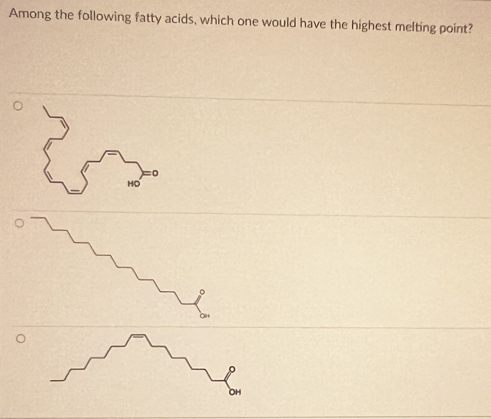 Among the following fatty acids, which one would have the highest melting point?
O
HO
OH
