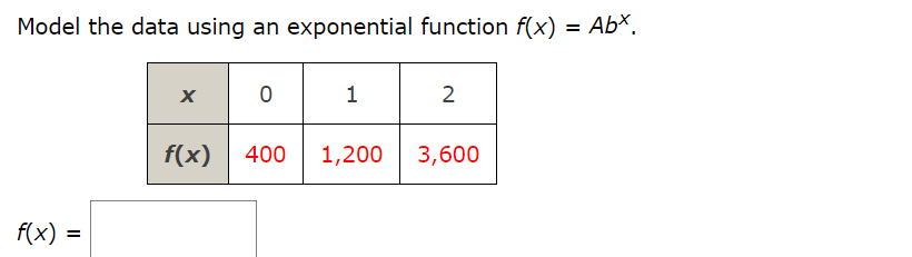 Model the data using an exponential function f(x) = Abx.
x
0
1
2
f(x)
400 1,200 3,600
f(x) =