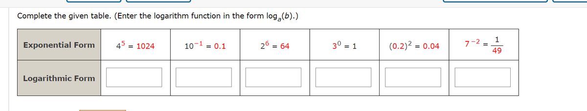Complete the given table. (Enter the logarithm function in the form log₂(b).)
Exponential Form
45
= 1024
10-1 = 0.1
26-64
30-1
(0.2)²=0.04
7-2
Logarithmic Form
=
1
49