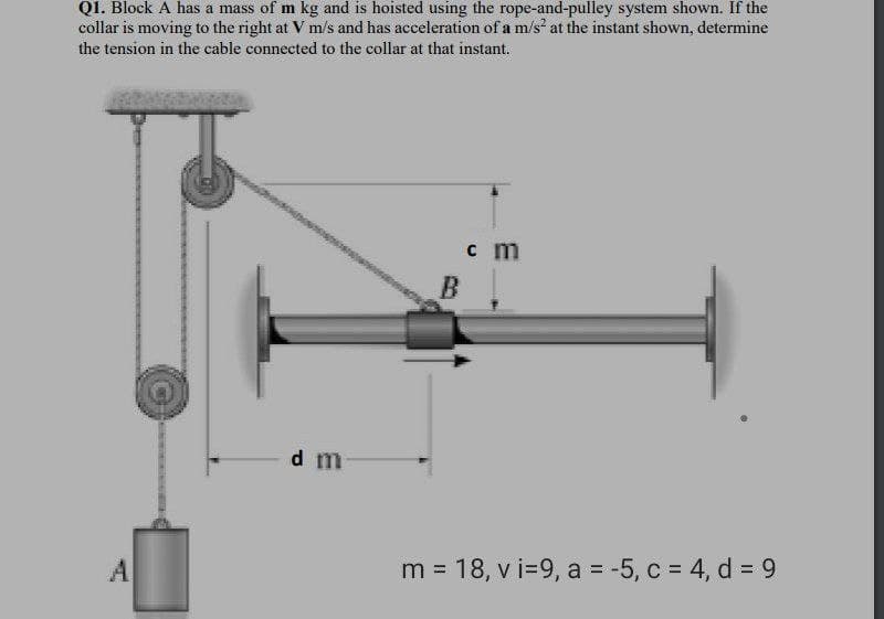 QI. Block A has a mass of m kg and is hoisted using the rope-and-pulley system shown. If the
collar is moving to the right at V m/s and has acceleration of a m/s at the instant shown, determine
the tension in the cable connected to the collar at that instant.
c m
d m
m = 18, v i=9, a = -5, c = 4, d = 9
%3D
