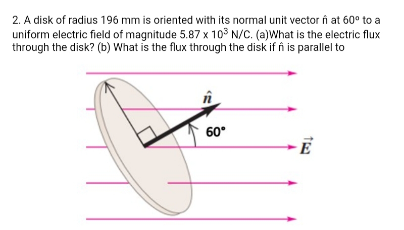 2. A disk of radius 196 mm is oriented with its normal unit vector în at 60° to a
uniform electric field of magnitude 5.87 x 103 N/C. (a)What is the electric flux
through the disk? (b) What is the flux through the disk if n is parallel to
în
60°
