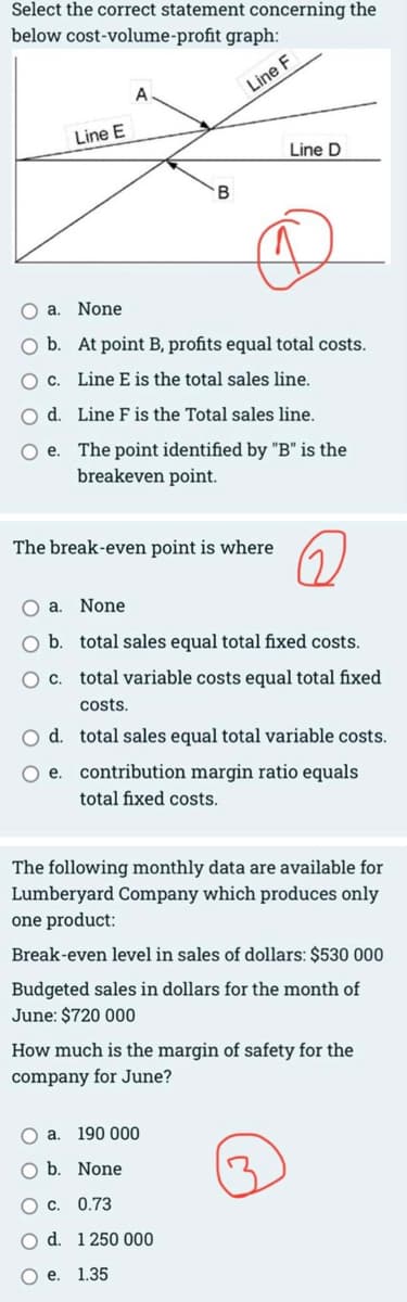 Select the correct statement concerning the
below cost-volume-profit graph:
Line E
A
O d.
O e.
O a.
None
b. At point B, profits equal total costs.
O c. Line E is the total sales line.
d.
Line F is the Total sales line.
e. The point identified by "B" is the
breakeven point.
The break-even point is where
B
Line F
Oa. None
O b. total sales equal total fixed costs.
O c. total variable costs equal total fixed
costs.
total sales equal total variable costs.
Line D
contribution margin ratio equals
total fixed costs.
O a. 190 000
b. None
OC. 0.73
22
The following monthly data are available for
Lumberyard Company which produces only
one product:
Break-even level in sales of dollars: $530 000
Budgeted sales in dollars for the month of
June: $720 000
d. 1 250 000
e. 1.35
How much is the margin of safety for the
company for June?