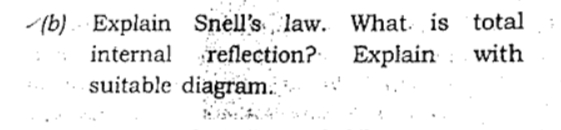 (b) . Explain Snell's law. What. is total
internal reflection?
suitable diagram.
Explain
with
