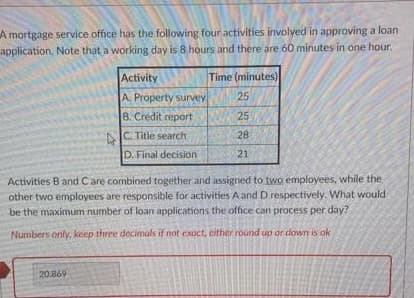 A mortgage service office has the following four activities involved in approving a loan
application. Note that a working day is 8 hours and there are 60 minutes in one hour.
Activity
A. Property survey
B. Credit report
C. Title search
20.869
D.
Final decision
Time (minutes)
25
25
28
21
Activities B and C are combined together and assigned to two employees, while the
other two employees are responsible for activities A and D respectively. What would
be the maximum number of loan applications the office can process per day?
Numbers only, keep three decimals if not exact, either round up or down is ok