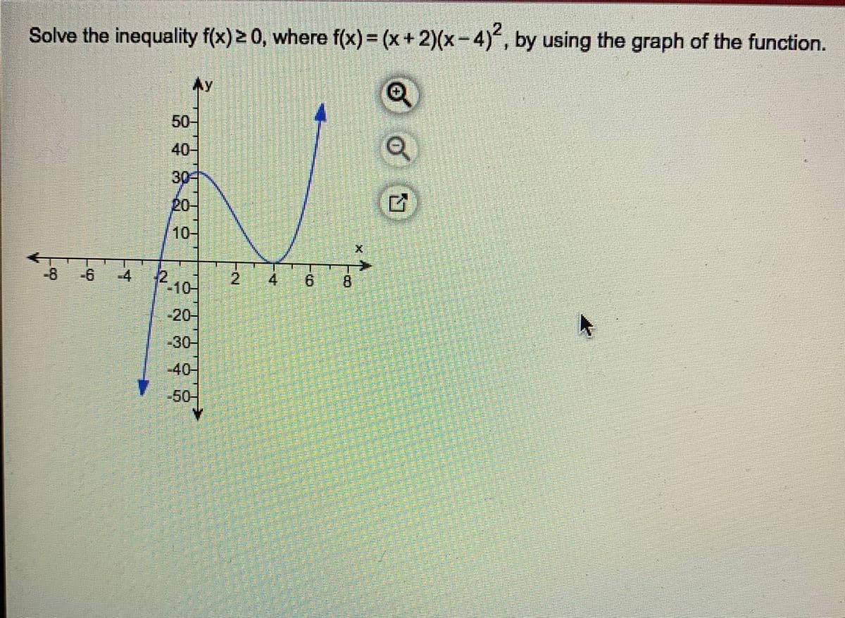 Solve the inequality f(x) > 0, where f(x) = (x+ 2)(x-4)', by using the graph of the function.
AY
50-
40-
30-
20-
10-
-8
-6
-4
R.10-
2 4
6.
8.
-20-
-30-
-40-
-50
