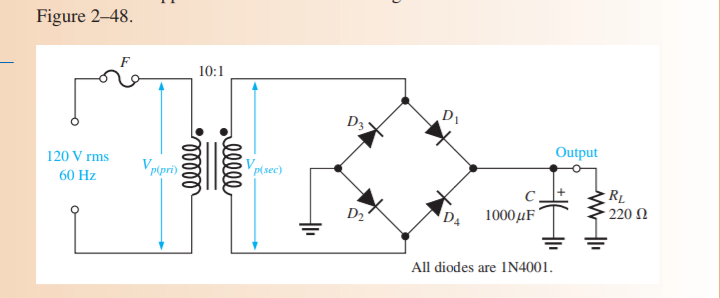 Figure 2-48.
120 V rms
60 Hz
F
Vp(pri)
10:1
Vp(sec)
D3
D₂
D
D₁
D4
1000μF
All diodes are 1N4001.
Output
RL
220 Ω