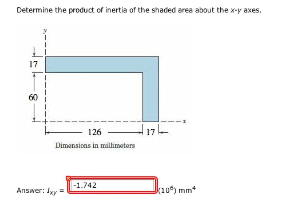 Determine the product of inertia of the shaded area about the x-y axes.
17
60
126
Dimensions in millimeters
Answer: Ixy
-1.742
17
(106) mm4
